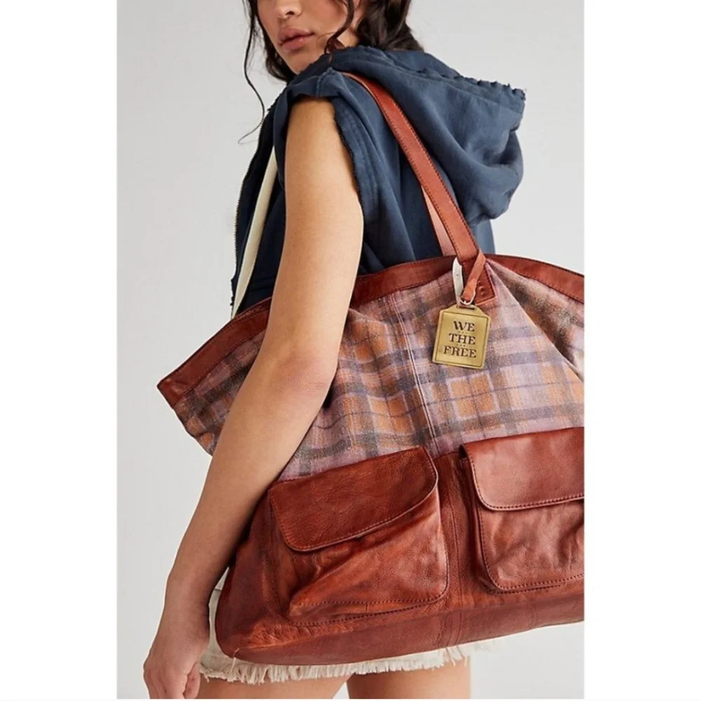 Free People We the Free Leather Rockport Tote Madras Plaid - Picture 1 of 12